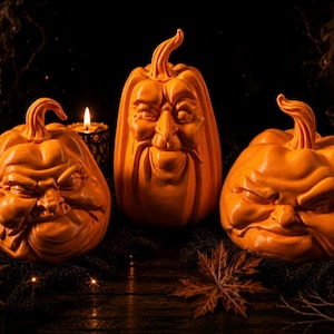 May include: Three orange pumpkin sculptures with carved, expressive human-like faces featuring furrowed brows and downturned mouths. The pumpkins are arranged in a group, with two shorter, wider ones flanking a taller, central pumpkin.