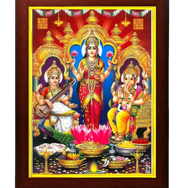 Zig Zag Lakshmi, Ganesha and Saraswati, Elegant Tridevi Photo Frame For Wall hanging ,Temple, gift (24 x 34 cm , Brown Golden Border)