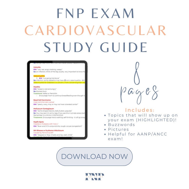 Cardiovascular Study Guide FNP AANP ANCC Exam (8 Pages) - Etsy
