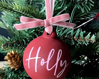 Personalised Christmas Baubles, Custom Painted Burgundy Bauble with Velvet Pink Ribbon, Ceramic Christmas Tree Decoration