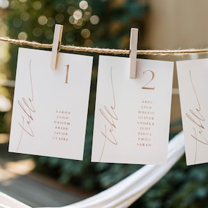 May include: Three wedding table cards are suspended from a rope with wooden pegs. Each card is white with copper-coloured script reading "Table" and a number. The cards list names, such as "Aaron, John, Groom, Bride, Jacob, Claire."