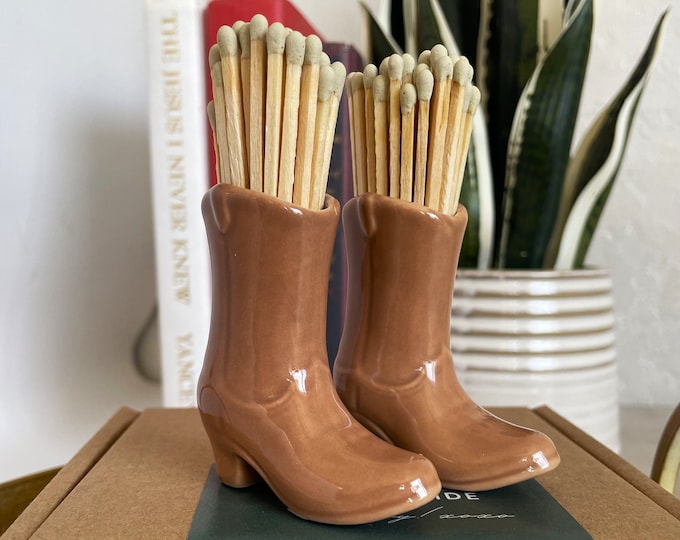 Set of 2 Brown Cowboy Boot Match Holders for Decorative Matches Cowboy