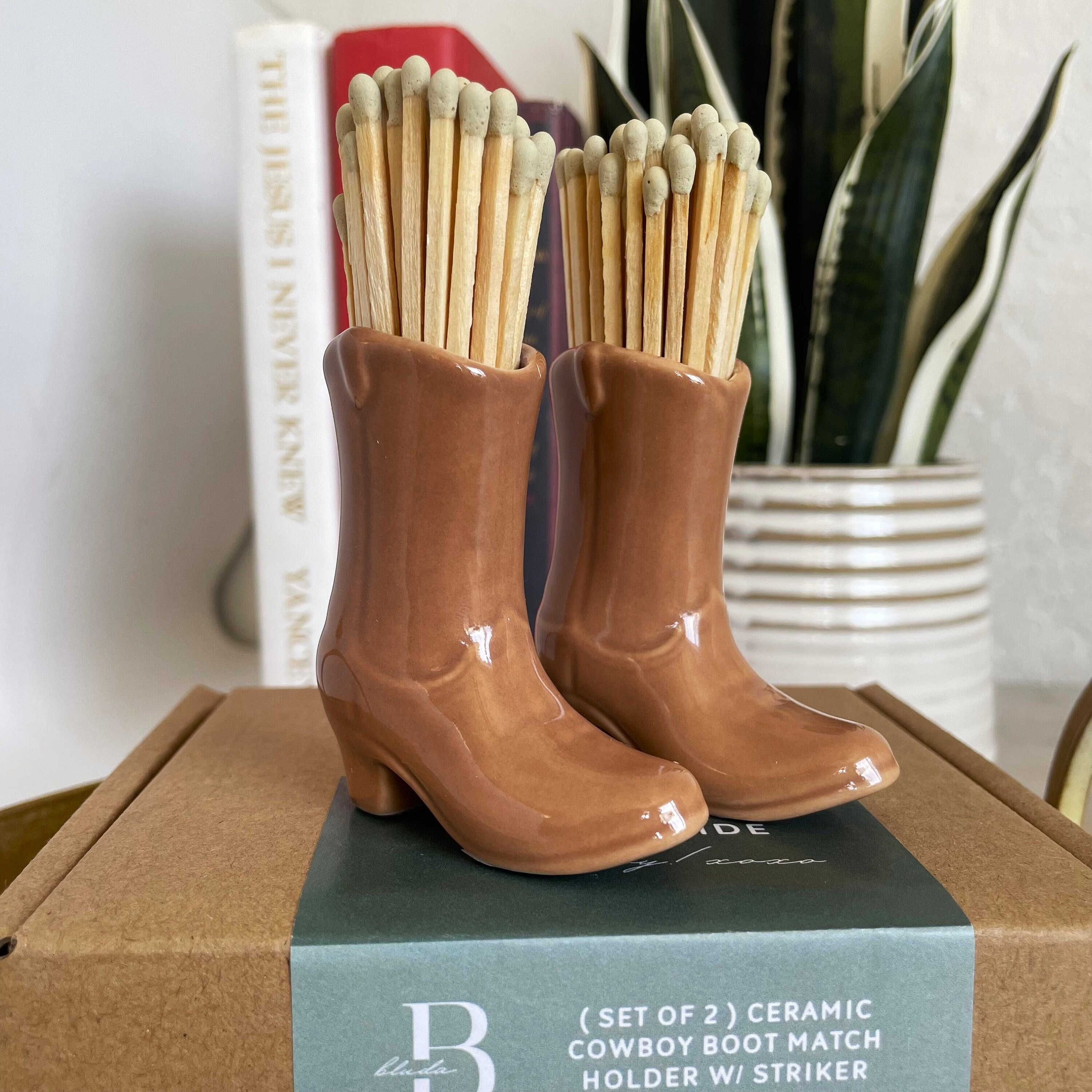 Set of 2 Brown Cowboy Boot Match Holders for Decorative Matches Cowboy Match Holder with Striker Match Holder Matches Not Included