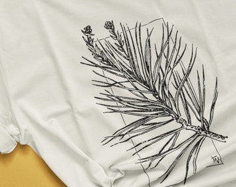 Pine Blockprint Unisex T-shirt, Plant Decor Drawing, Flower Art Shirt, Botanical Artwork, Outdoor Adventure Tee, Pine Needle Art, Pine Cones