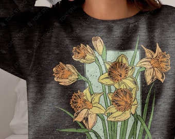 Daffodil Blockprint Unisex Crewneck Sweatshirt, Daffodil Flower Drawing, Graphic Botanical Flower Art, Plant Lover Gift, Yellow Floral Bloom