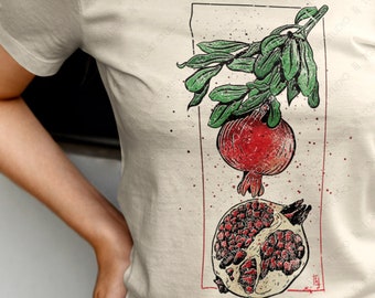 Pomegranate Blockprint Unisex T-Shirt: Hand-Drawn Vintage Fruit Tree Illustration, Botanical Garden Farmers Market Tee