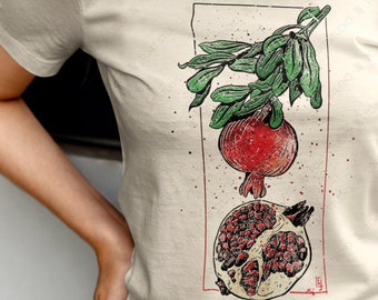 Pomegranate Blockprint Unisex T-shirt, Farmcore, Persephone Fruit Shirt, Fruit of Paradise, Antioxidants, Graphic Fruit Tee, Exotic Fruit