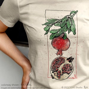 Pomegranate Blockprint Unisex T-Shirt: Hand-Drawn Vintage Fruit Tree Illustration, Botanical Garden Farmers Market Tee