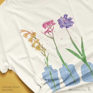 Flower Vase II Unisex T-shirt, Plant Decor Drawing, Botanical Art, Flower Garden, Yellow Pink Purple Flowers Plant Jersey Shirt, Plant Lover