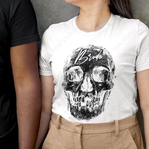 Schädel-Braut Unisex T-Shirt, Schädel-Themed Verlobung, gruseliges Fotoshooting, Goth-Hochzeit einladen, Halloween-Hochzeit, alternative Brautdusche
