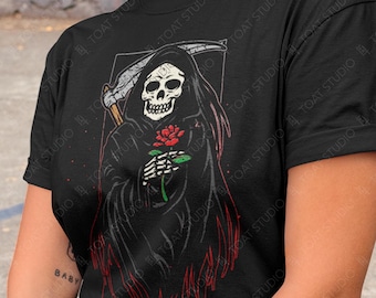 Grim Reaper Rose Unisex T-Shirt: Dark Arts, Gothic Skeleton, Spiritual Afterlife Graphic Tee