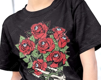 Eyeball Roses Unisex T-Shirt: Dark Gothic Red Floral Bouquet, Creepy Flowers Skeletal Hand Graphic