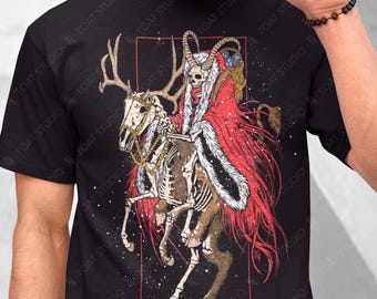May include: Black t-shirt featuring a skeletal figure riding a skeletal horse with large antlers. The rider wears a red cloak with white trim. The design is framed in a red rectangle. The shirt is labeled "BLACK".