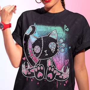 Pastel Goth Kitty Unisex T-Shirt, Creepy Cute Stuffed Animal Cat, Kawaii Neko, Harajuku Kawaii Voodoo Doll, Yami Kawaii Spooky Black Kitty