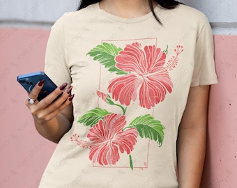 Hibiscus Blockprint Unisex T-Shirt: Vintage Tropical Pink Floral Tee, Hawaiian Island Flowers, Botanical Plants