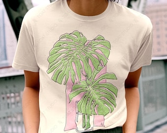Monstera Drawing Unisex T-Shirt: Vintage Monstera Tropical Plant Leaf Illustration, Botanical Swiss Cheese Foliage