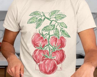 Tomato Blockprint Unisex T-Shirt: Vintage Tomatoes Fruit Art, Botanical Vegetable Garden, Farmers Market Tee