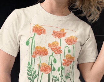 Poppy Flower Blockprint Unisex T-Shirt: California Orange Wildflower Fields, Vintage Poppies Botanical Floral Illustration