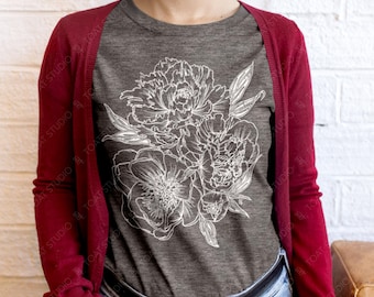 Peony Drawing Unisex T-Shirt: Peonies Flower Sketch Graphic Tee, Timeless Vintage Botanical Floral Art