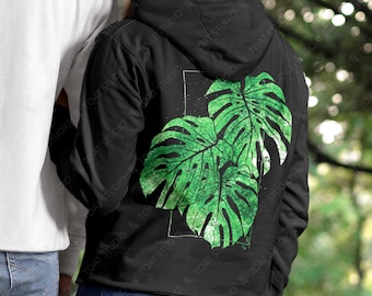 Monstera Blockprint III Unisex Hoodie: Vintage Tropical Plant Leaves Illustration, Botanical Monstera Foliage Art