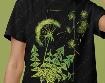 Dandelion Blockprint II Unisex T-shirt, Dandelion Plant Drawing, Dandelion Perennial Flower Art, Botanical Illustration, Make A Wish Plants