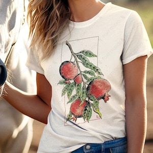 Pomegranate Drawing Unisex T-shirt, Persephone&#39;s Fruit, Fruit Tree Art, Farmcore Plant Shirt, Botanical Illustration, Farmer Gardener Tee