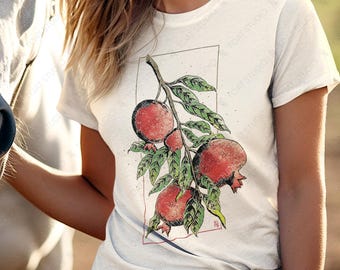 Pomegranate Drawing Unisex T-Shirt: Hand-Drawn Vintage Fruit Tree Illustration, Botanical Garden Farmers Market Tee
