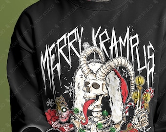 May include: Black sweatshirt with a graphic featuring a skeletal Krampus figure with large horns, a long red tongue, and a Santa hat. The text "MERRY KRAMPUS" is displayed in a white, gothic font. The design includes candy canes, candles, and a snow globe.