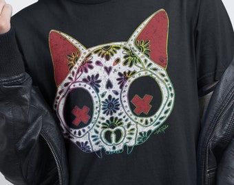 Dia de los Muertos Cat Skull Unisex T-shirt, Cat Skeleton Shirt, Day of the Dead, Sugar Skull Cat, Y2K Grunge, Anatomical Art, Halloween Tee