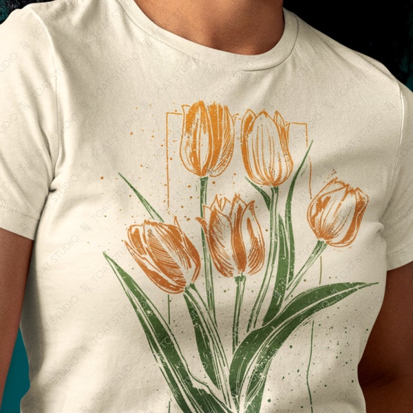 Orange Tulip Blockprint Unisex T-shirt, Plant Decor Drawing, Tulip Flower, Botanical Flower Garden Lover, Winter Flower Shirt, Cottagecore