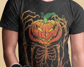 Evil Jack-o'-Lantern Unisex T-Shirt: Spooky Halloween Horror Pumpkin Scarecrow Graphic Tee, Scary Skeletal Flora