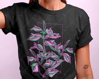Tradescantia Nanouk Blockprint Unisex T-Shirt: Pink Variegated Foliage Inchplant, Wandering Jew House Plant Tee
