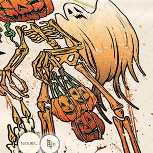 May include: A Halloween-themed illustration featuring a skeleton with a pumpkin head and a ghost. The skeleton holds three carved jack-o'-lanterns. The artwork uses orange, yellow, and white colors, with a distressed, vintage style.