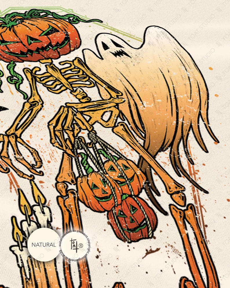 May include: A Halloween-themed illustration featuring a skeleton with a pumpkin head and a ghost. The skeleton holds three carved jack-o'-lanterns. The artwork uses orange, yellow, and white colors, with a distressed, vintage style.