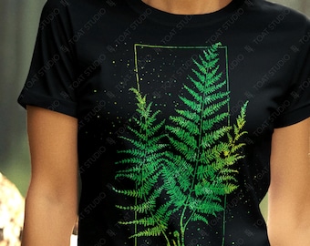 Fern Blockprint VI Unisex T-Shirt: Evergreen Fern Leaf Drawing, Botanical Plant Illustration, Forest Foliage