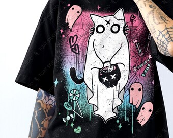 Camiseta unissex Pastel Goth Batsu Neko Ghost, Gato preto fofo e assustador, Fantasia de fantasma, Yami Kawaii, Roupas Kawaii, Harajuku de bruxa, Kawaii Gótico