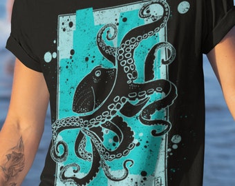 Octopus Unisex T-shirt, Octopus Silhouette , Marine Life, Aquatic Wildlife, Coral Reef, Octopus Blockprint, Tentacles Tshirt, Deep Sea Ocean