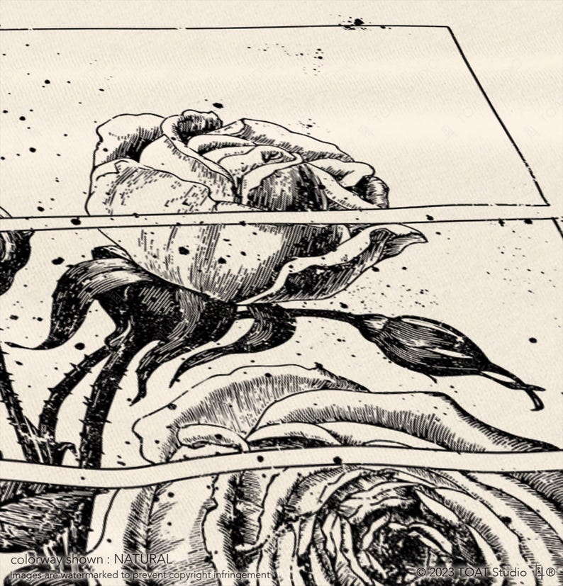 May include: Black and white illustration of roses with thorns and leaves. The artwork is in a comic book style, with ink splatters and a natural colorway. The text "NATURAL" is visible at the bottom.