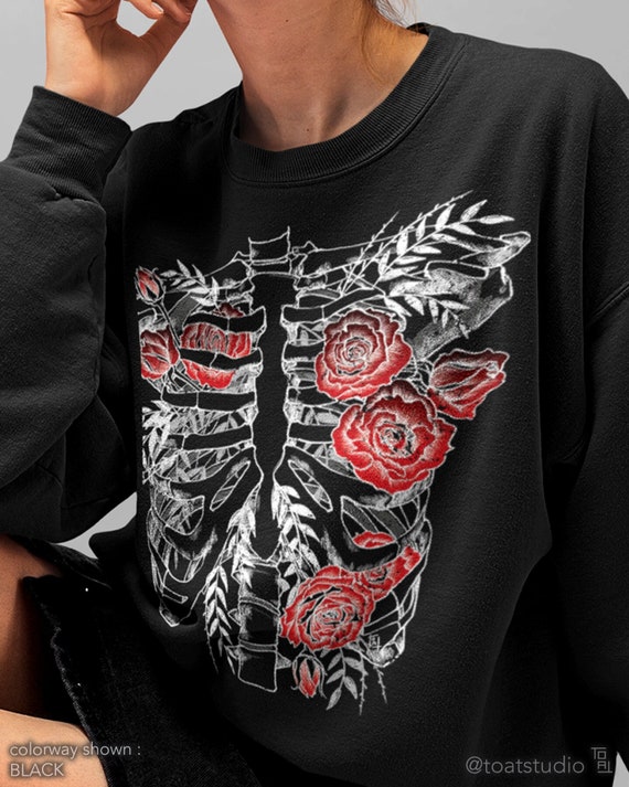 Ribcage Roses Unisex Crewneck Sweatshirt, Skeletal Ribcage & Roses Drawing, Anatomical Artwork, Skeleton Torso, Alt Grunge, Gothic Harajuku