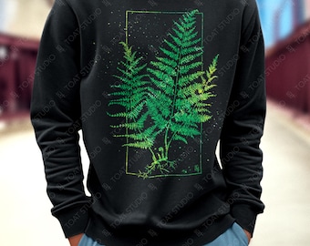 Fern Blockprint VI Unisex Sweatshirt: Evergreen Fern Plant Leaf Drawing, Forest Foliage Botanical Art