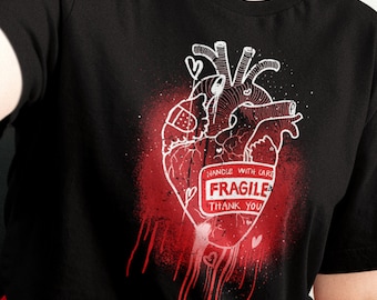 Handle With Care Heart Unisex T-shirt, Fragile Human Heart, Yami Kawaii Broken Heart, Anatomical Heart Drawing, Creepy Cute Bleeding Heart