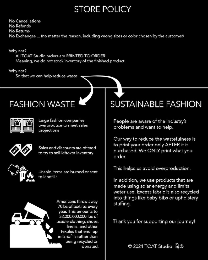 May include: A black and white infographic explaining the concept of sustainable fashion and how it helps reduce waste. The infographic shows the negative impacts of fashion waste, such as overproduction and the disposal of unsold items. It also highlights the benefits of sustainable fashion practices, such as printing on demand and using recycled materials.
