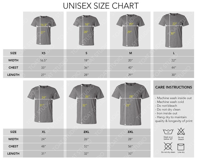 Pode incluir: Tabela de tamanhos unissex para camisetas, com medidas em cm para os tamanhos XS a 3XL. Inclui dimens&otilde;es de largura, peito e comprimento. Instru&ccedil;&otilde;es de cuidado tamb&eacute;m est&atilde;o inclu&iacute;das.