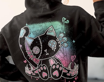 Pastel Goth Kitty Unisex Hoodie: Harajuku Kawaii Voodoo Doll Black Cat, Yami Kawaii Graphic