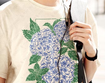 Blue Hydrangea Blockprint Unisex T-shirt, Hydrangea Flowers, Blue Floral Petals, Botanical Hydrangea Illustration, Hortensia Summer Blooms