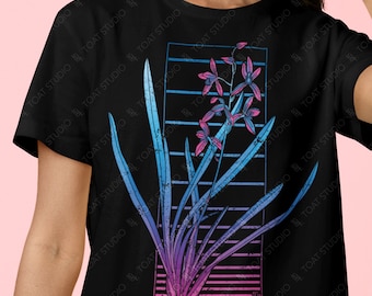Orchid Vaporwave II Unisex T-Shirt: Pastel Cymbidium Flower, 80s Cyberpunk Retro Botanical Floral Art