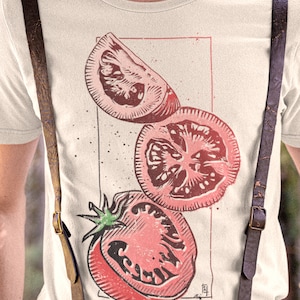 Tomatoes Unisex T-shirt, Tomato Fruit Drawing, Botanical Tomato Garden, Sweet Tomatoes, Sliced Organic Tomatoes, Chef’s Culinary Vegetable