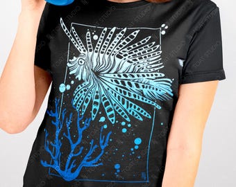 Lionfish Blockprint Unisex T-Shirt: Tropical Reef Fish, Exotic Ocean Creature, Marine Life Lover Gift