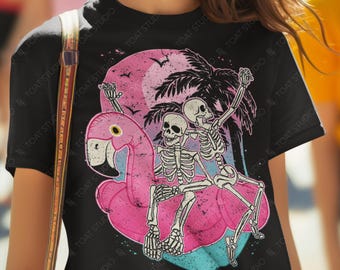 Skeleton Summer Flamingo Unisex T-Shirt, Pink Flamingo Floaty, Pastel Goth, Pool Party, Spooky Summer, Tropical Vacation, Funny Skeleton