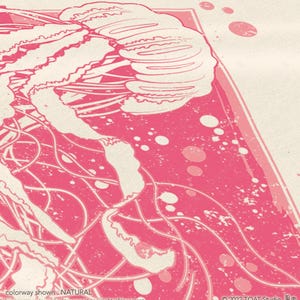 May include: Pink and white graphic print of a jellyfish with a textured background. The print features a stylized jellyfish with flowing tentacles and a circular pattern.
